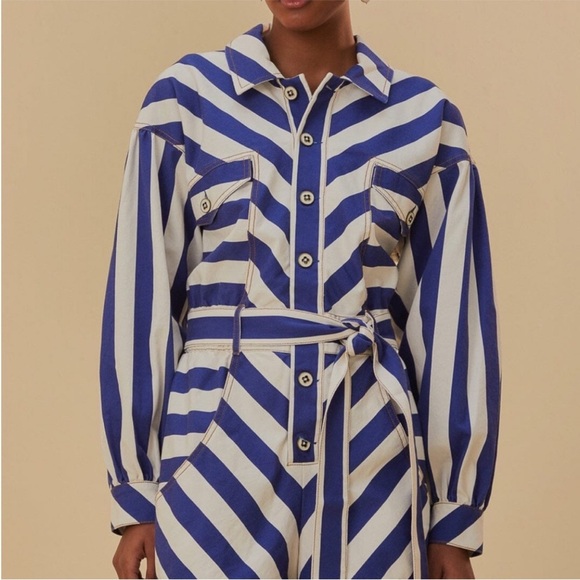 NWT FARM Rio Women’s Blue and White Striped Printed Romper Jumpsuit Tie Belt XXS - Picture 5 of 16
